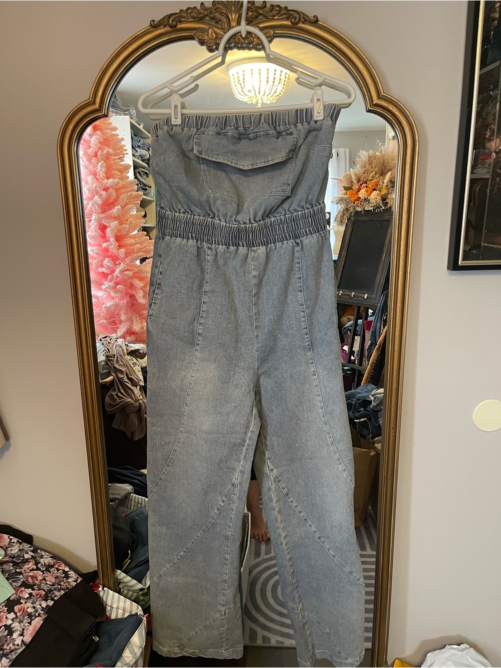Strapless Wide-Leg Denim Jumpsuit - Gray